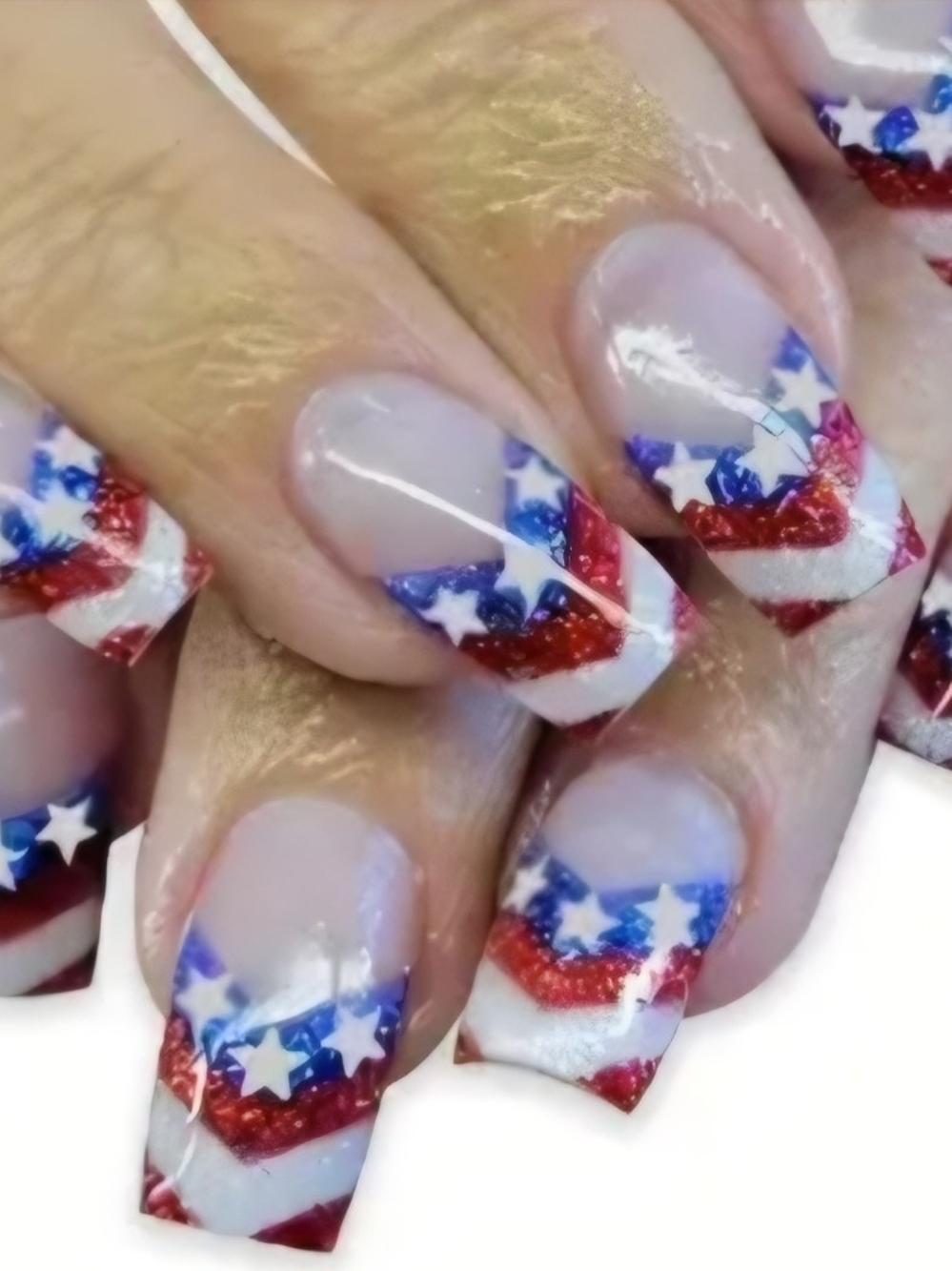 24 Pcs Patriotic Red White & Blue Star French Tip Nail Art